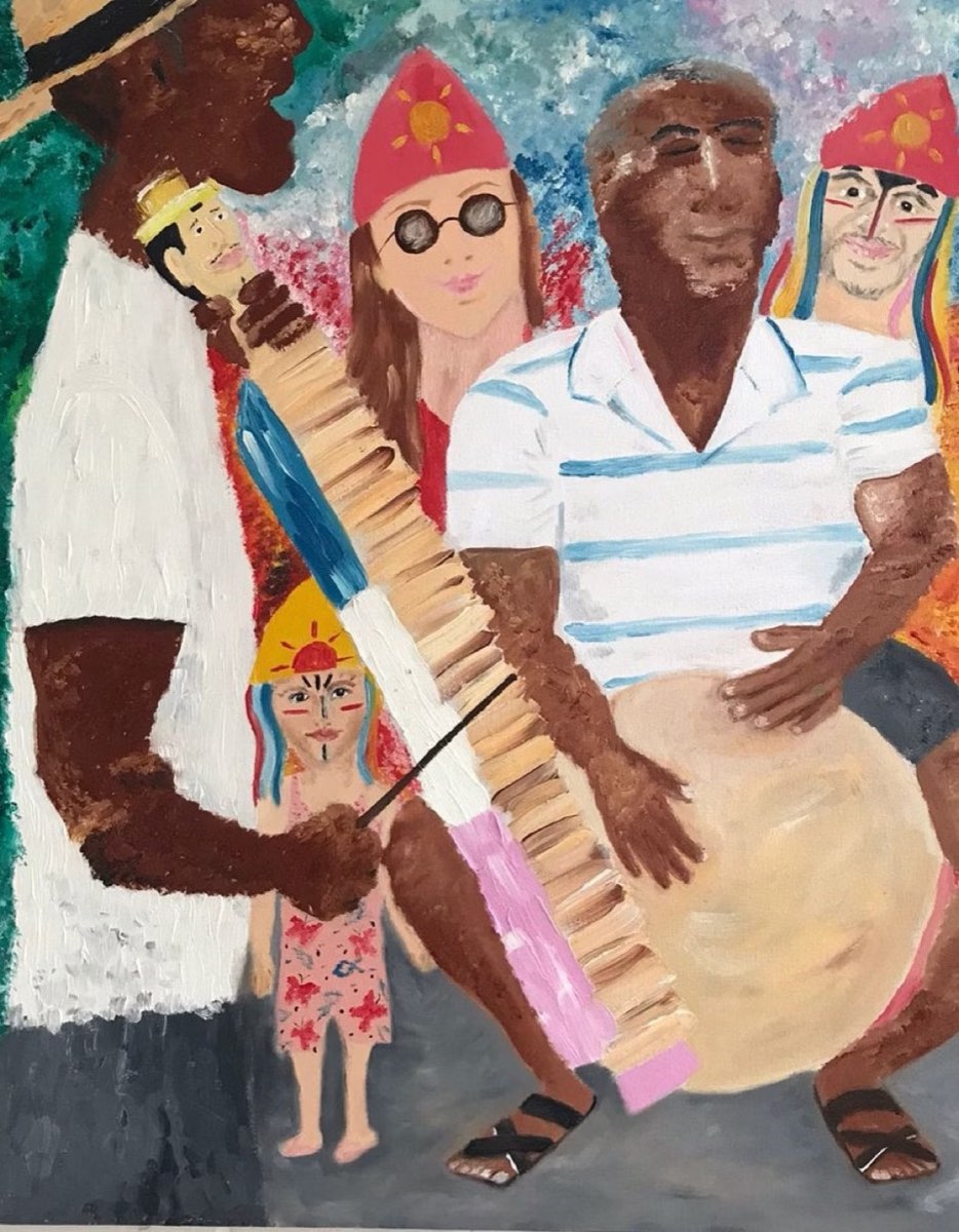 Pintura "Resgate do Congo": músicos de congo com casaca e tambor, entre pessoas de rosto pintado